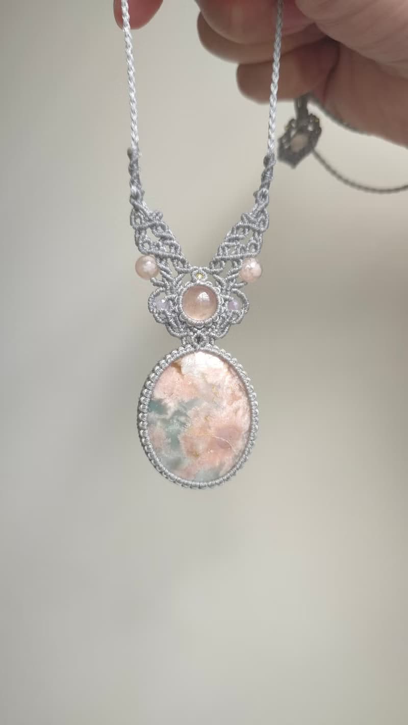 SA52櫻花瑪瑙。粉摩根石。南美蠟線編織項鍊