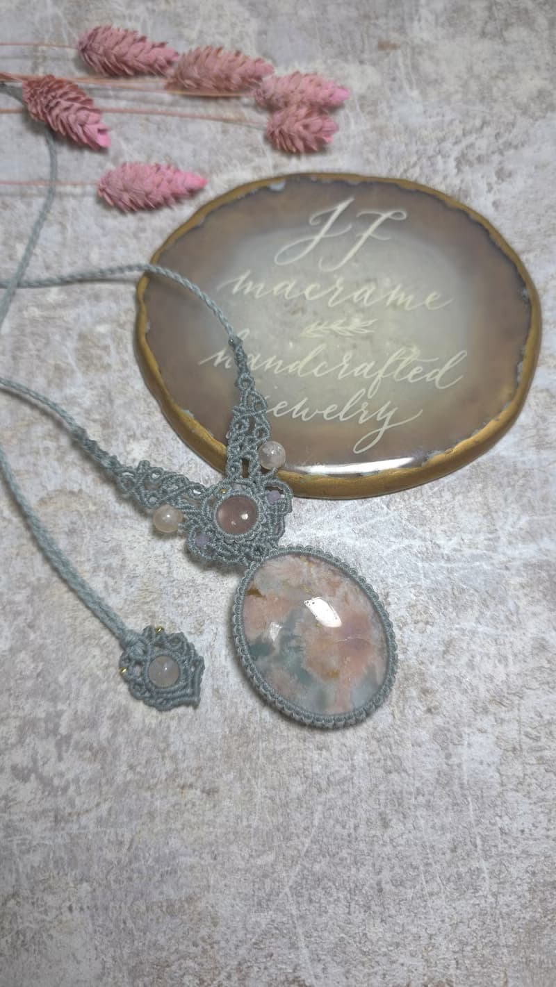 SA52櫻花瑪瑙。粉摩根石。南美蠟線編織項鍊