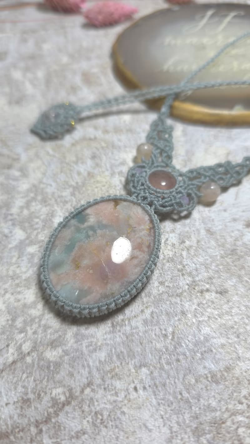 SA52櫻花瑪瑙。粉摩根石。南美蠟線編織項鍊