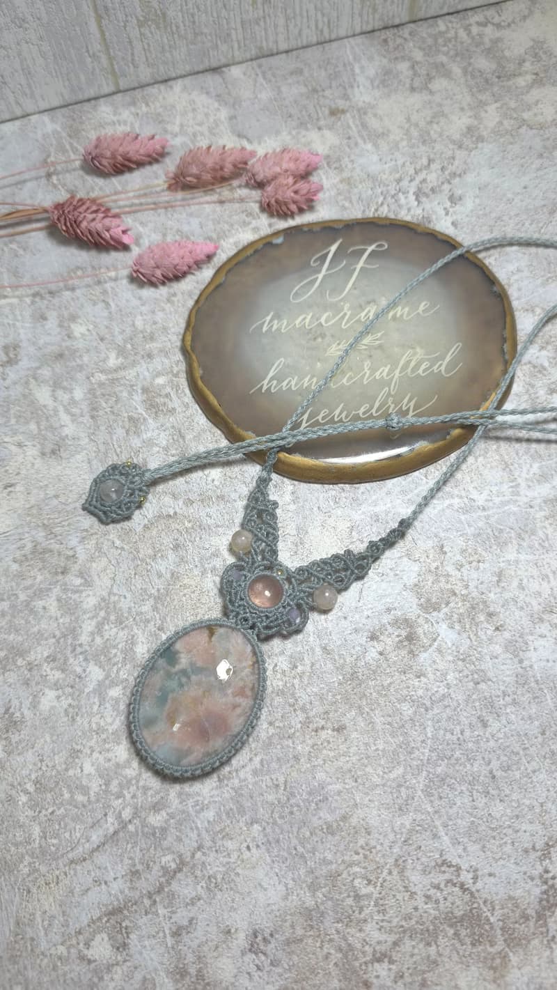 SA52櫻花瑪瑙。粉摩根石。南美蠟線編織項鍊