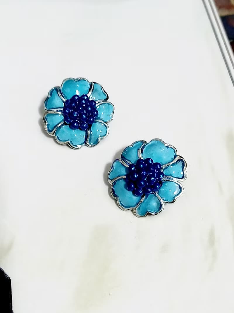 vintage jewelry  Hollycraft  水藍琺瑯花瓣 夾式耳環