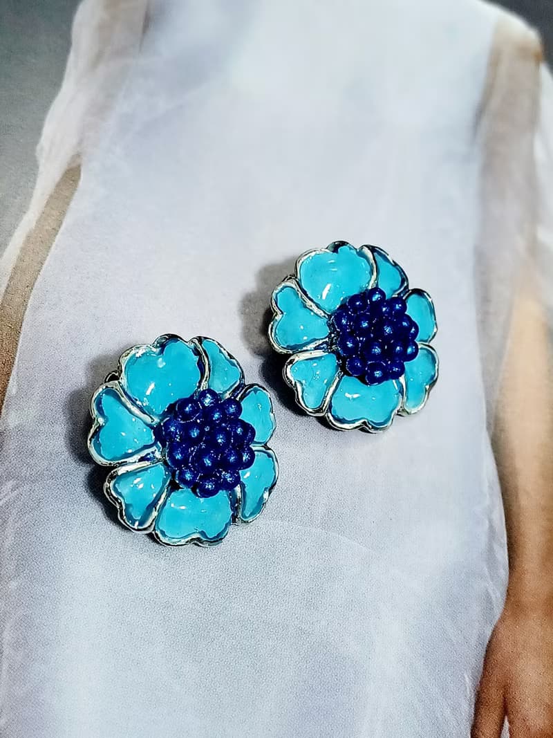 vintage jewelry  Hollycraft  水藍琺瑯花瓣 夾式耳環