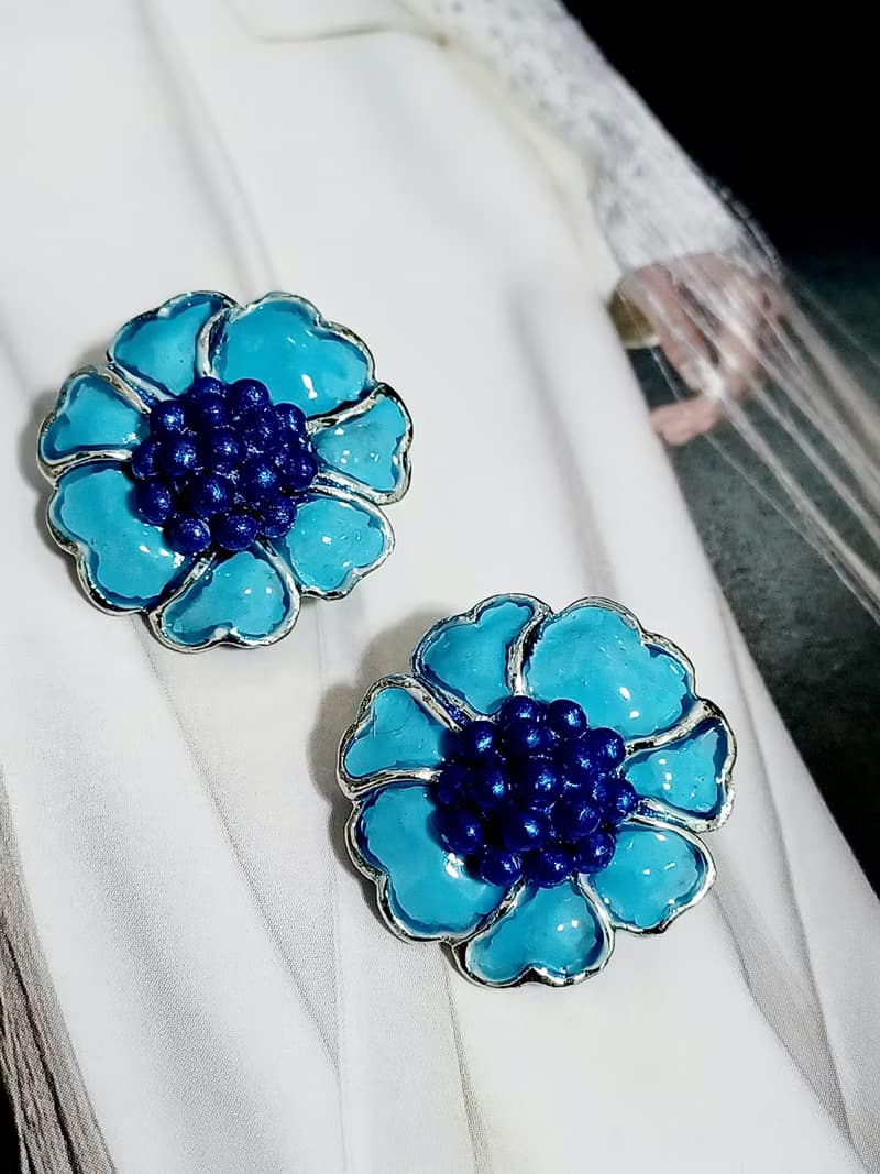 vintage jewelry  Hollycraft  水藍琺瑯花瓣 夾式耳環
