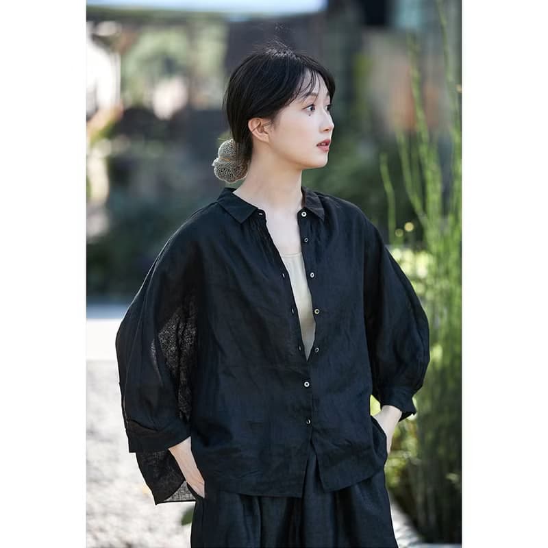 啞黑色亞麻輕薄寬松開衫小翻領女款防曬襯衫