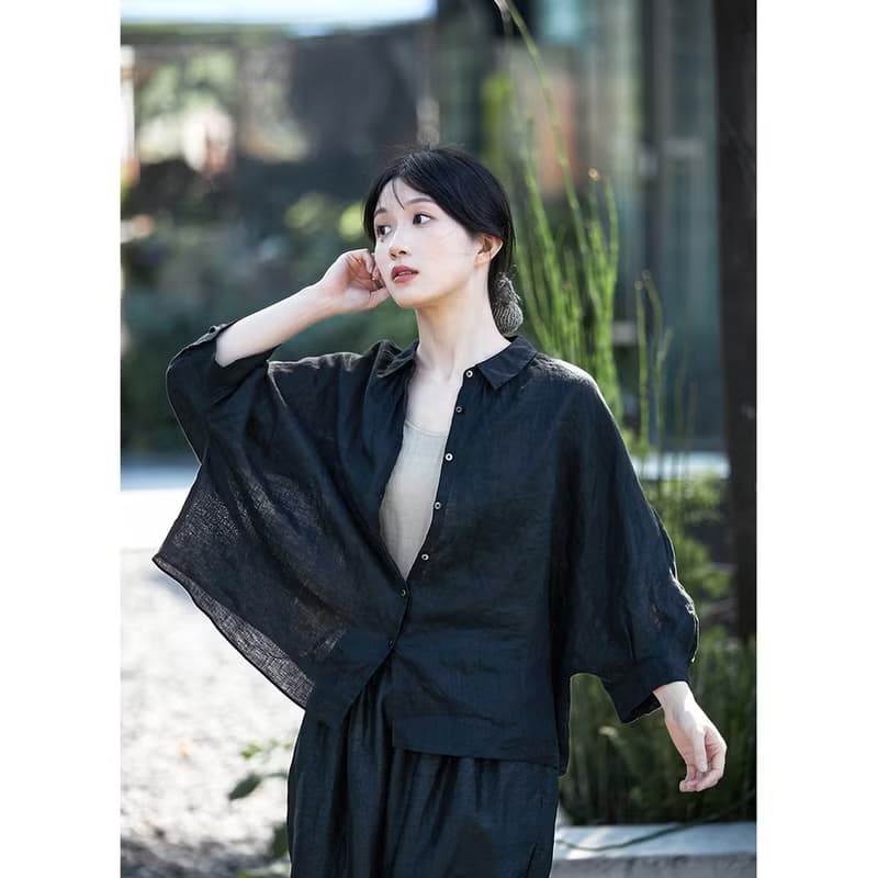 啞黑色亞麻輕薄寬松開衫小翻領女款防曬襯衫