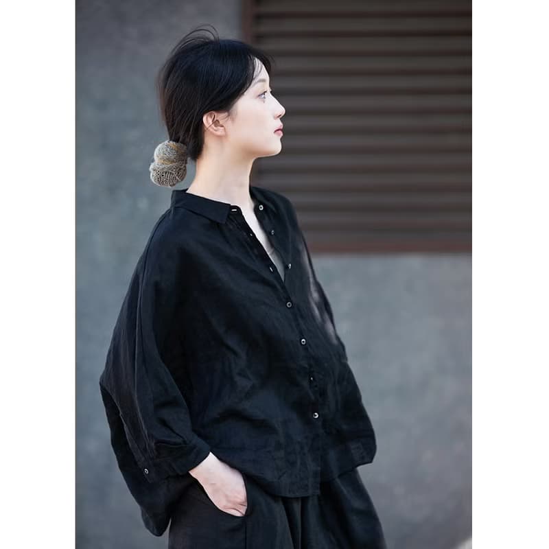 啞黑色亞麻輕薄寬松開衫小翻領女款防曬襯衫