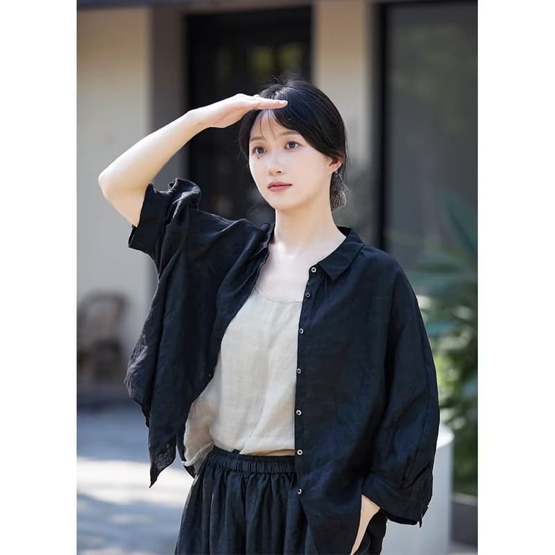 啞黑色亞麻輕薄寬松開衫小翻領女款防曬襯衫