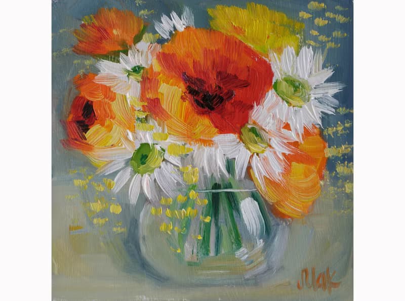 Flowers Bouquet Oil Painting Poppy in Vase Original Wall Art Daisy Artwork