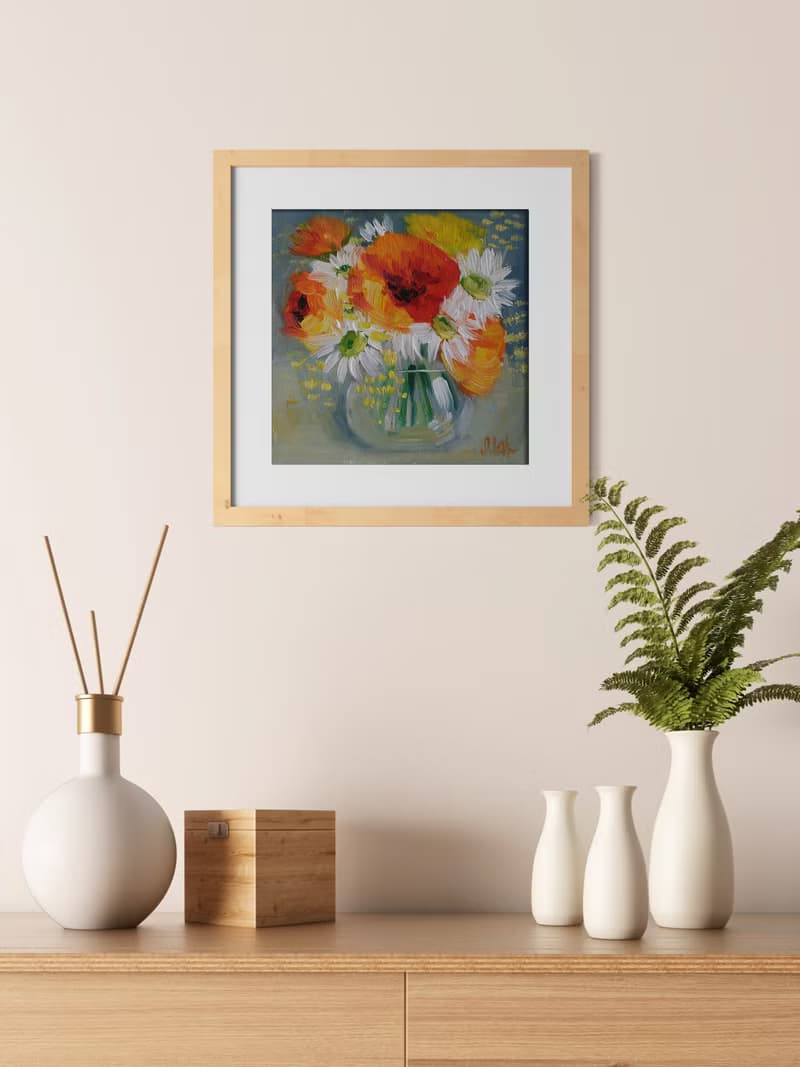 Flowers Bouquet Oil Painting Poppy in Vase Original Wall Art Daisy Artwork