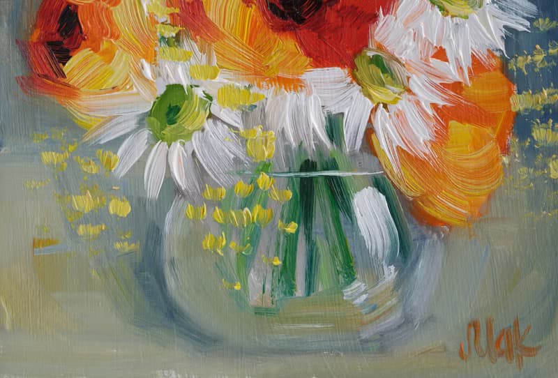 Flowers Bouquet Oil Painting Poppy in Vase Original Wall Art Daisy Artwork