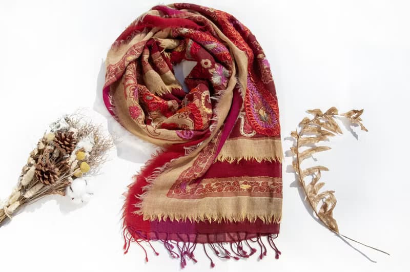 喀什米爾Cashmere/水煮羊毛披肩/針織圍巾/刺繡圍巾/羊絨披巾-花
