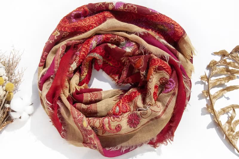 喀什米爾Cashmere/水煮羊毛披肩/針織圍巾/刺繡圍巾/羊絨披巾-花