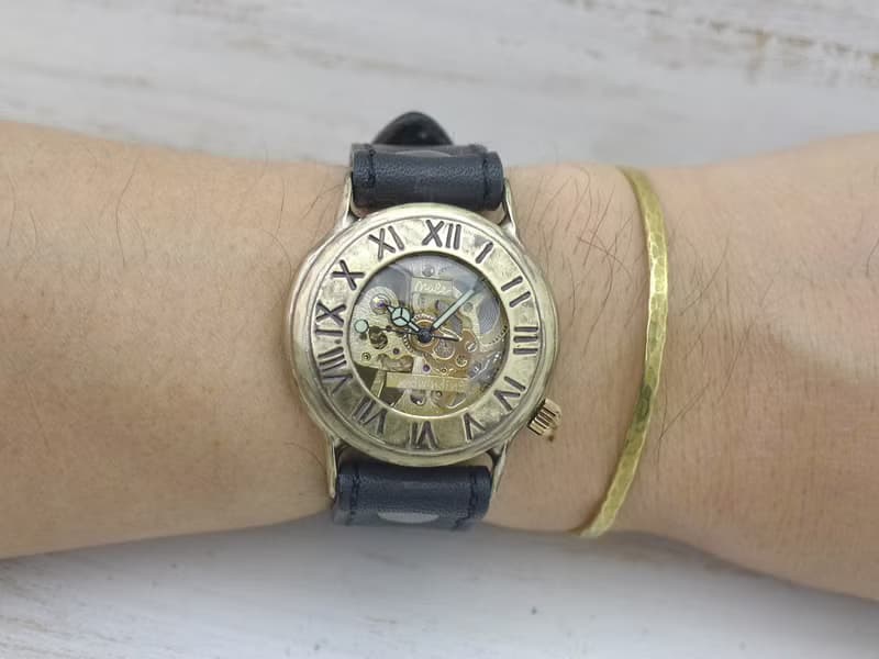 手作り腕時計 BHW139 手巻きBrass36mm ローマ数字ベゼル ミシンステッチベルト