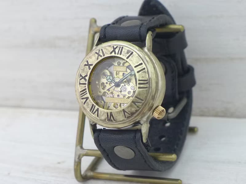 手作り腕時計 BHW139 手巻きBrass36mm ローマ数字ベゼル ミシンステッチベルト