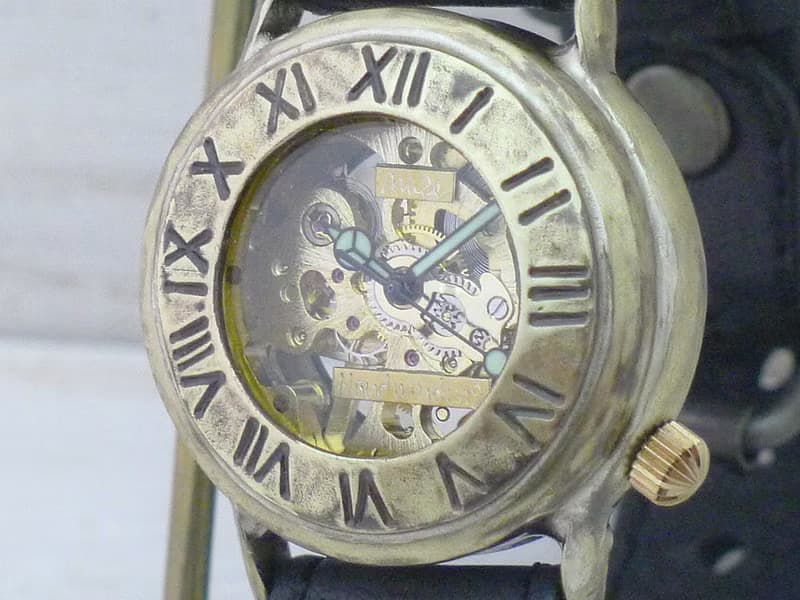 手作り腕時計 BHW139 手巻きBrass36mm ローマ数字ベゼル ミシンステッチベルト