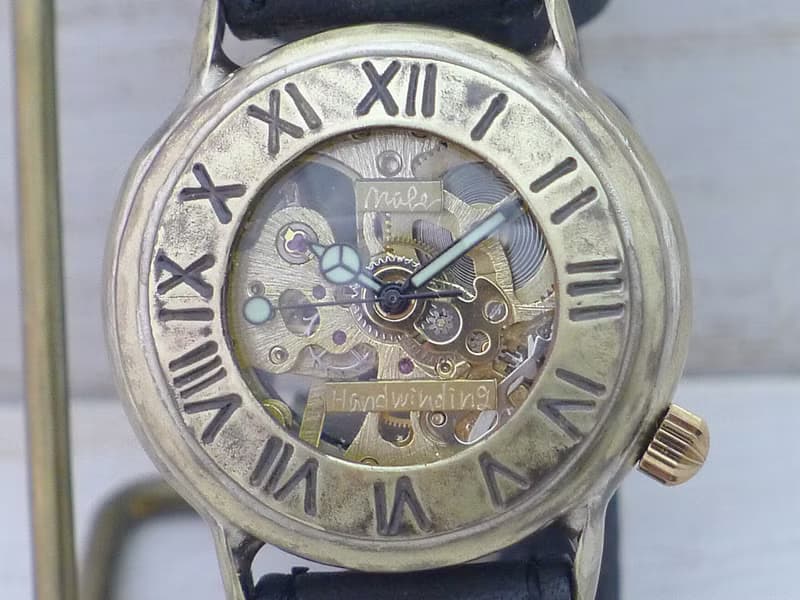 手作り腕時計 BHW139 手巻きBrass36mm ローマ数字ベゼル ミシンステッチベルト