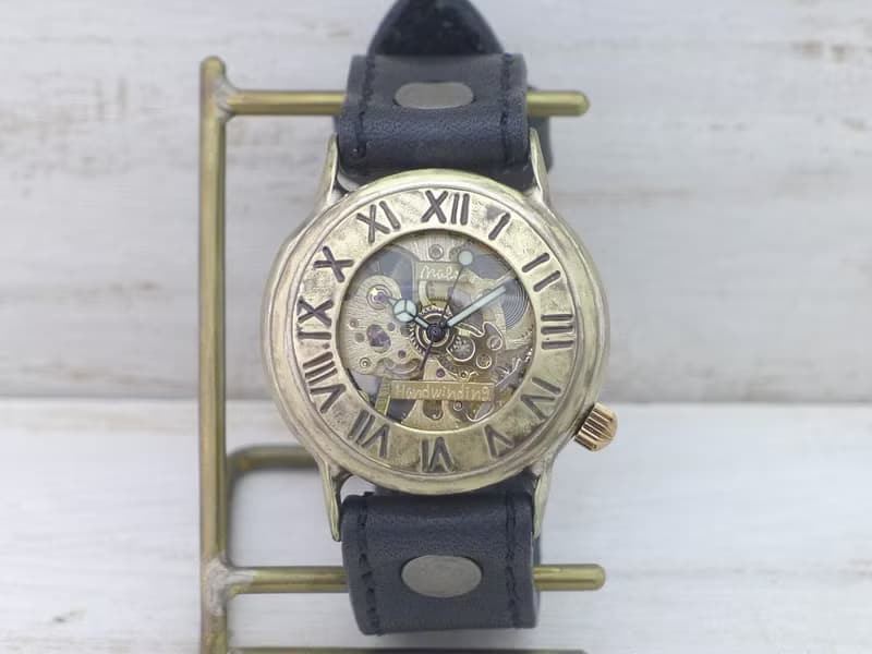 手作り腕時計 BHW139 手巻きBrass36mm ローマ数字ベゼル ミシンステッチベルト