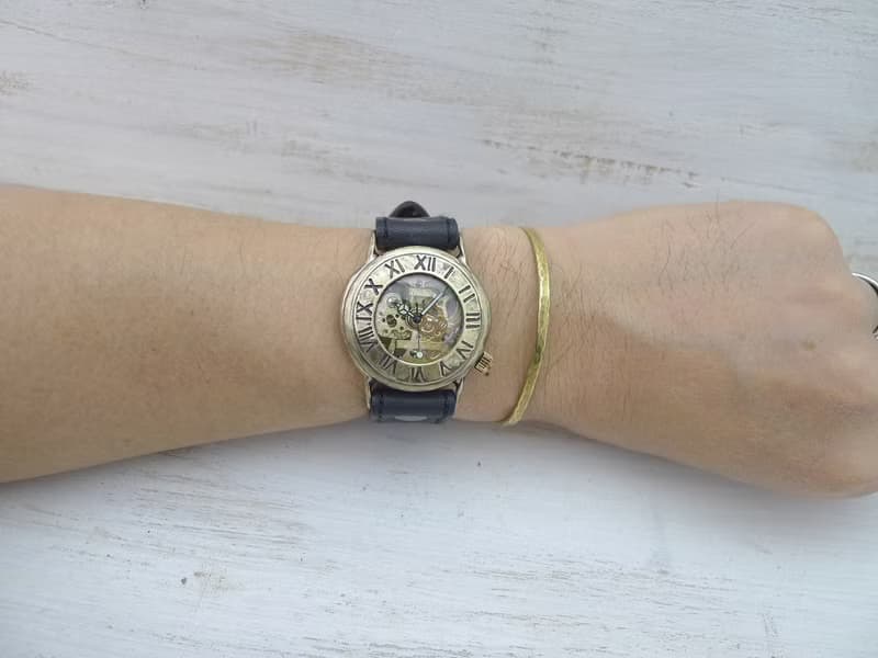 手作り腕時計 BHW139 手巻きBrass36mm ローマ数字ベゼル ミシンステッチベルト