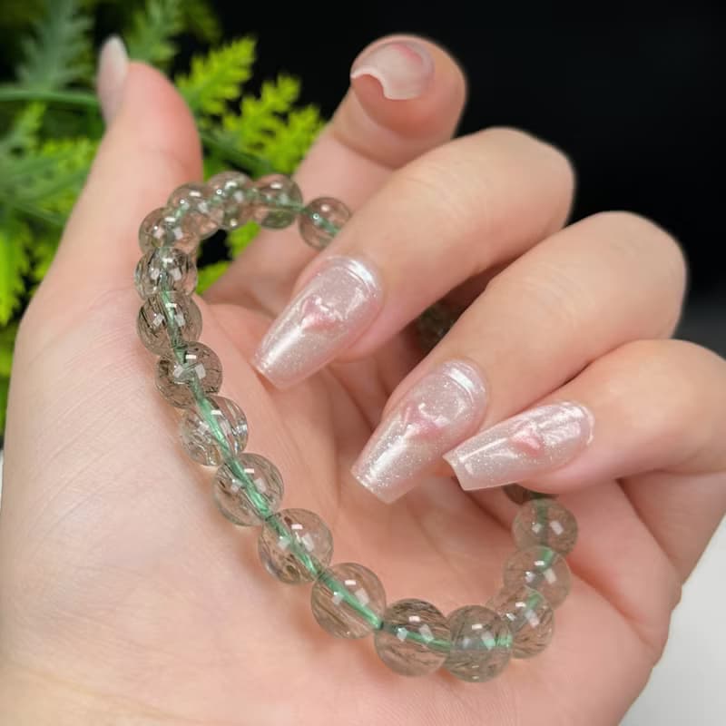 天然綠色碧璽髪晶手串8mm冰透綠色髪絲水晶女吸引財富智慧生機
