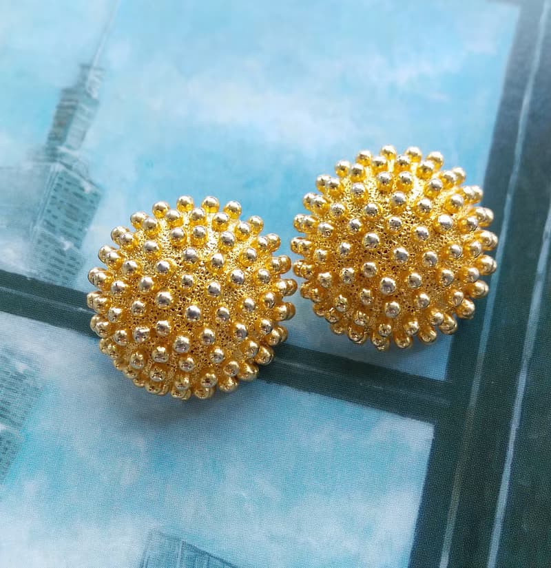 Vintage Jewelry 西洋古董飾品 金色 圓形 凸點 夾式耳環
