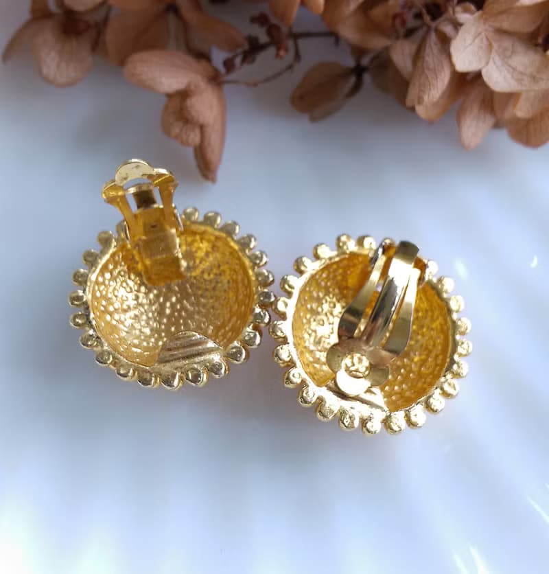 Vintage Jewelry 西洋古董飾品 金色 圓形 凸點 夾式耳環