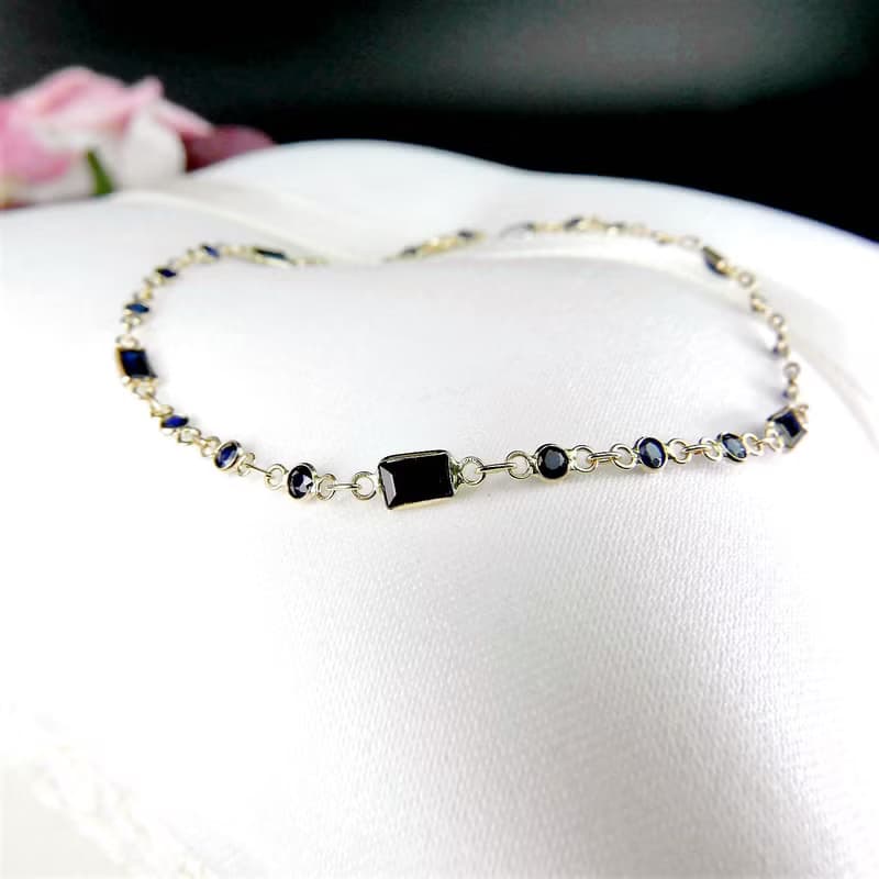 18K小貴婦系列 || 長形切割搭配圓型全藍寶石 ||  極細秀氣手鍊