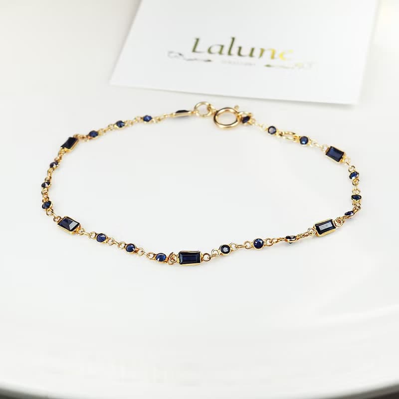 18K小貴婦系列 || 長形切割搭配圓型全藍寶石 ||  極細秀氣手鍊