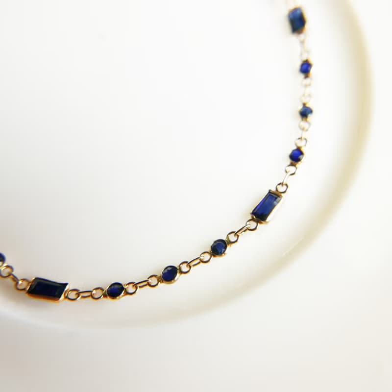 18K小貴婦系列 || 長形切割搭配圓型全藍寶石 ||  極細秀氣手鍊