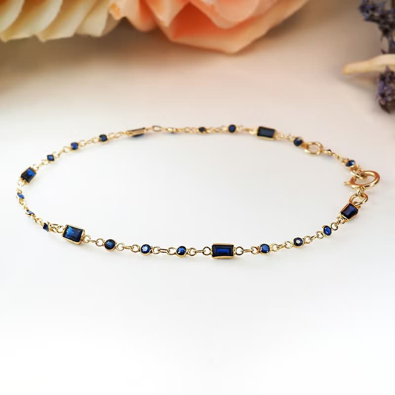 18K小貴婦系列 || 長形切割搭配圓型全藍寶石 ||  極細秀氣手鍊