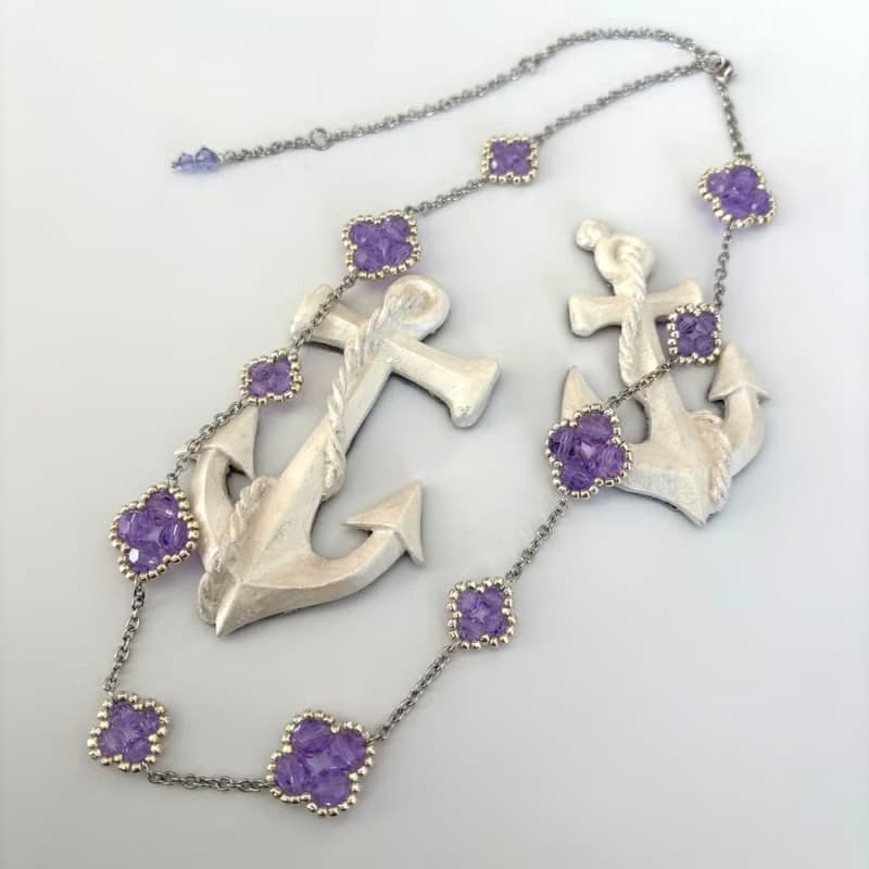 Clover Necklace Handmade Beaded Rhodium Plated Chain Purple Floral Elegant Gift