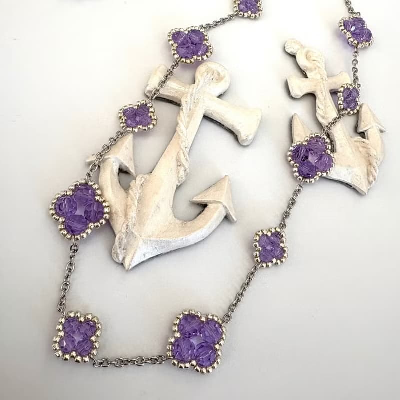 Clover Necklace Handmade Beaded Rhodium Plated Chain Purple Floral Elegant Gift