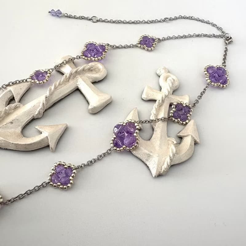 Clover Necklace Handmade Beaded Rhodium Plated Chain Purple Floral Elegant Gift