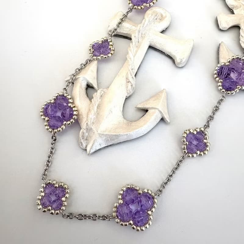 Clover Necklace Handmade Beaded Rhodium Plated Chain Purple Floral Elegant Gift