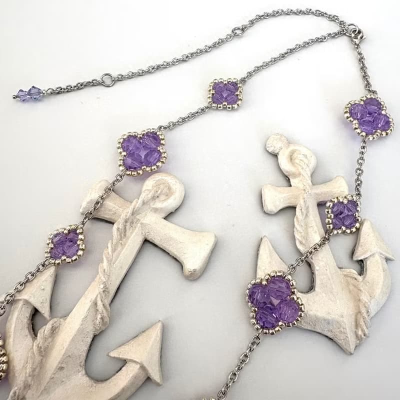 Clover Necklace Handmade Beaded Rhodium Plated Chain Purple Floral Elegant Gift