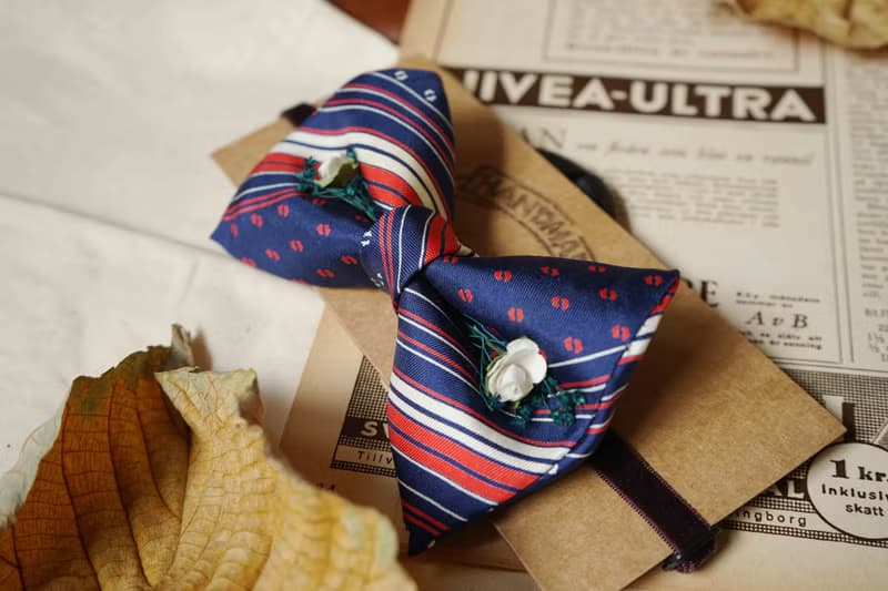 古董領帶改製手工領結-法國藍白紅-白玫瑰版-情人節禮物