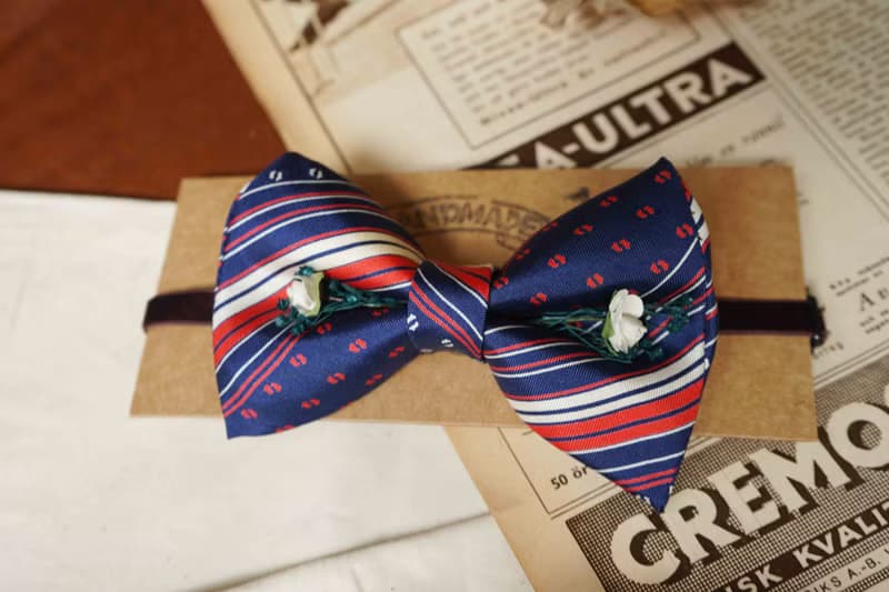 古董領帶改製手工領結-法國藍白紅-白玫瑰版-情人節禮物