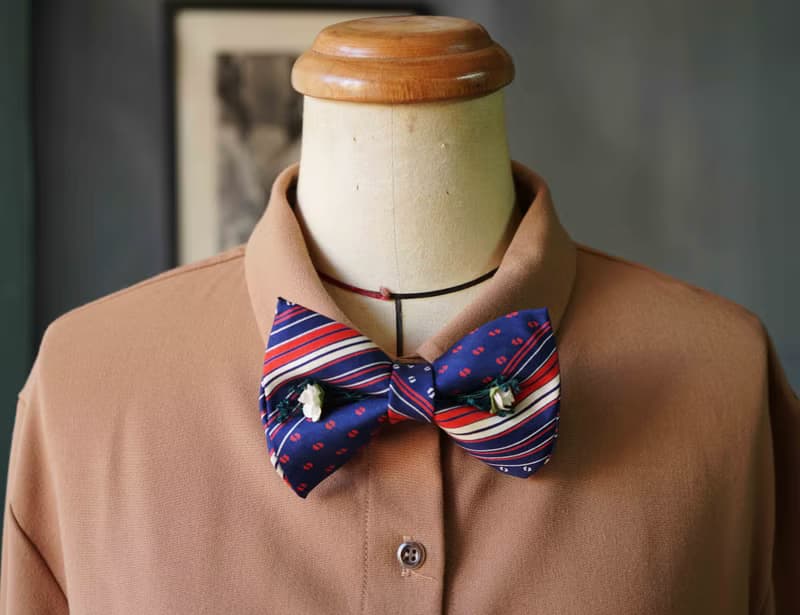 古董領帶改製手工領結-法國藍白紅-白玫瑰版-情人節禮物