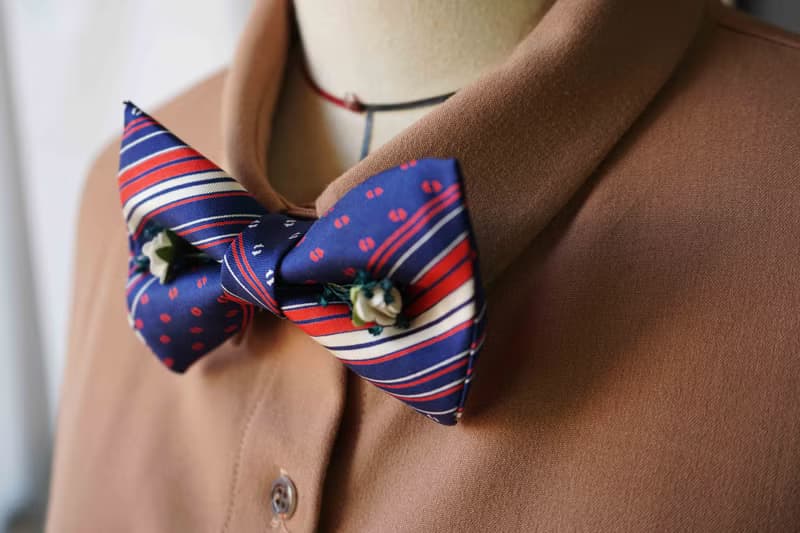 古董領帶改製手工領結-法國藍白紅-白玫瑰版-情人節禮物