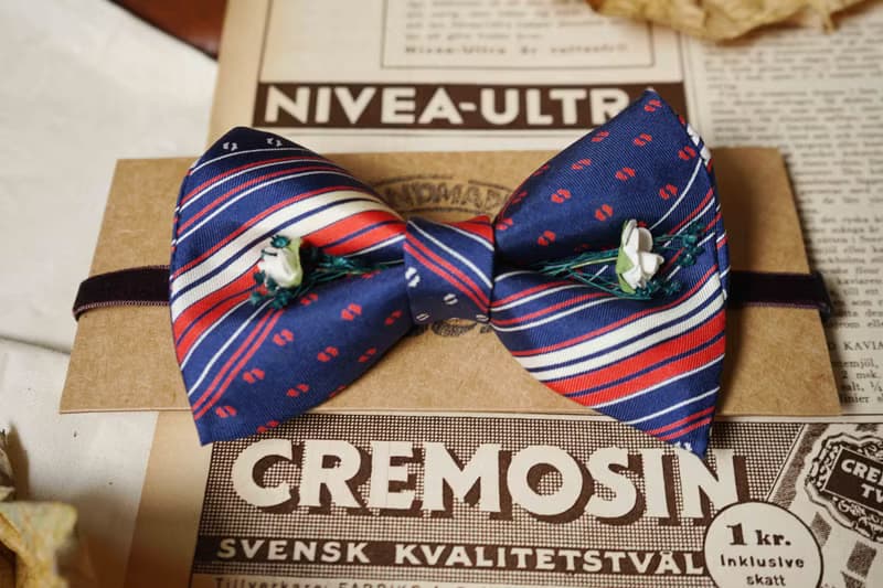 古董領帶改製手工領結-法國藍白紅-白玫瑰版-情人節禮物