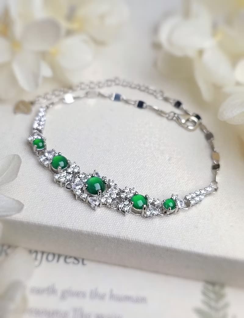 招財•健康|放光冰綠|A貨翡翠純銀日系豪鑲款多顆手鏈