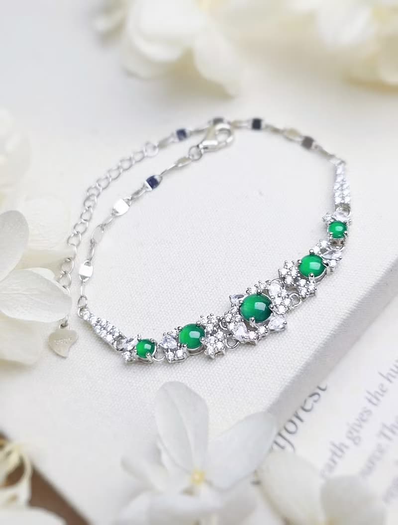 招財•健康|放光冰綠|A貨翡翠純銀日系豪鑲款多顆手鏈