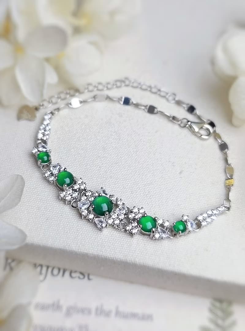 招財•健康|放光冰綠|A貨翡翠純銀日系豪鑲款多顆手鏈