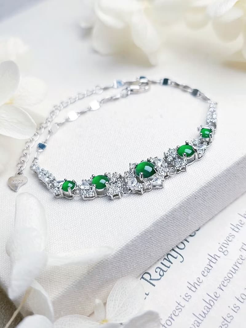 招財•健康|放光冰綠|A貨翡翠純銀日系豪鑲款多顆手鏈