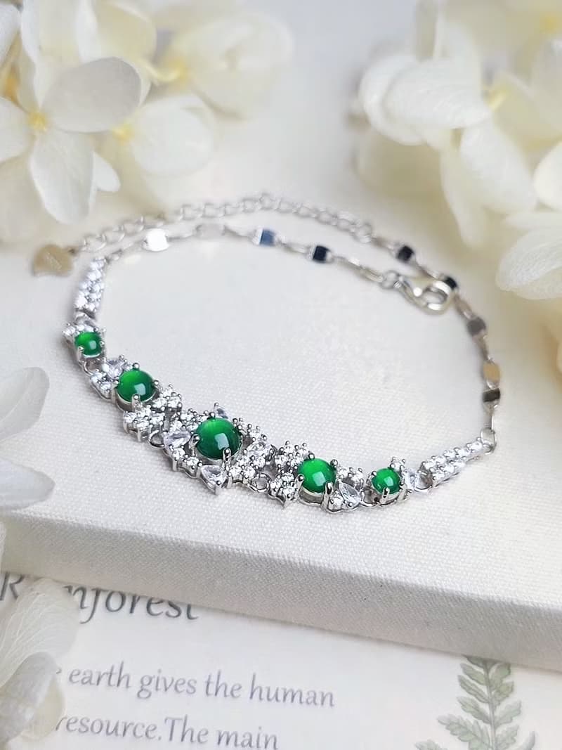 招財•健康|放光冰綠|A貨翡翠純銀日系豪鑲款多顆手鏈