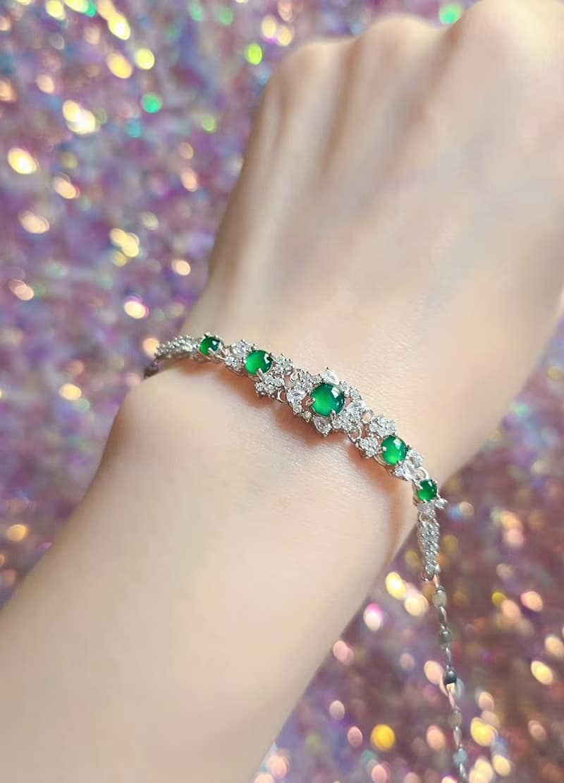 招財•健康|放光冰綠|A貨翡翠純銀日系豪鑲款多顆手鏈