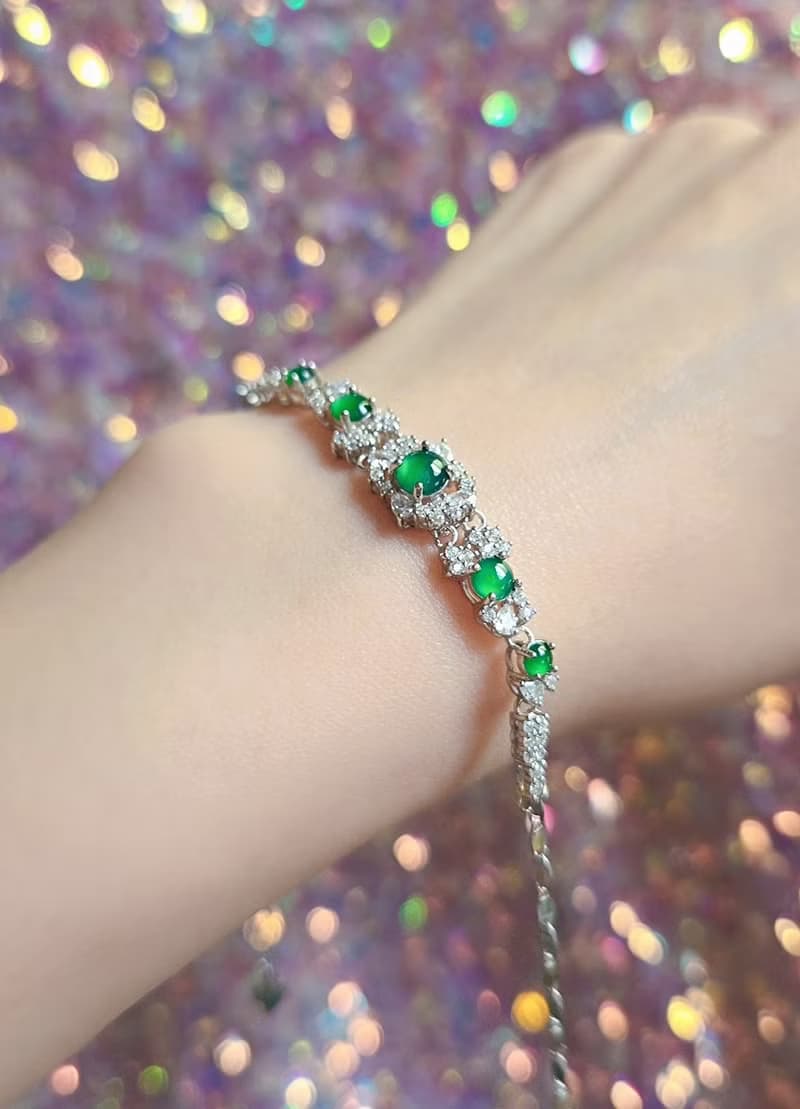 招財•健康|放光冰綠|A貨翡翠純銀日系豪鑲款多顆手鏈