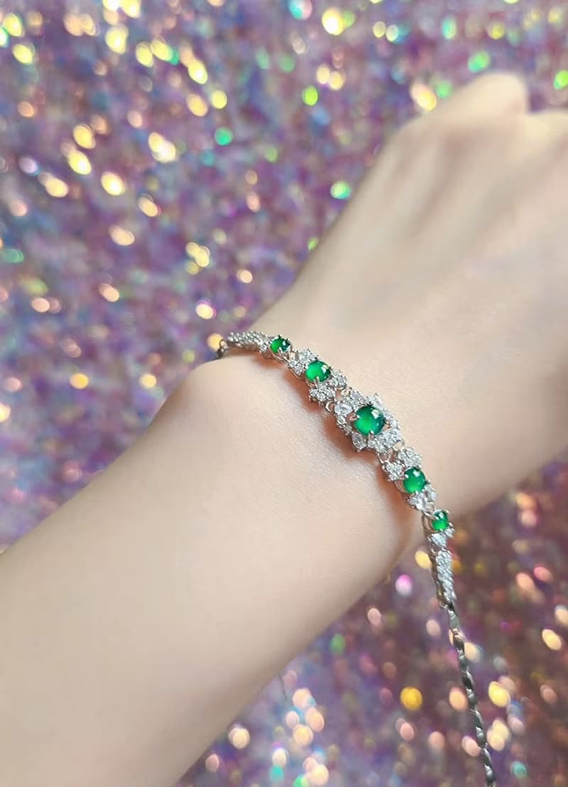 招財•健康|放光冰綠|A貨翡翠純銀日系豪鑲款多顆手鏈