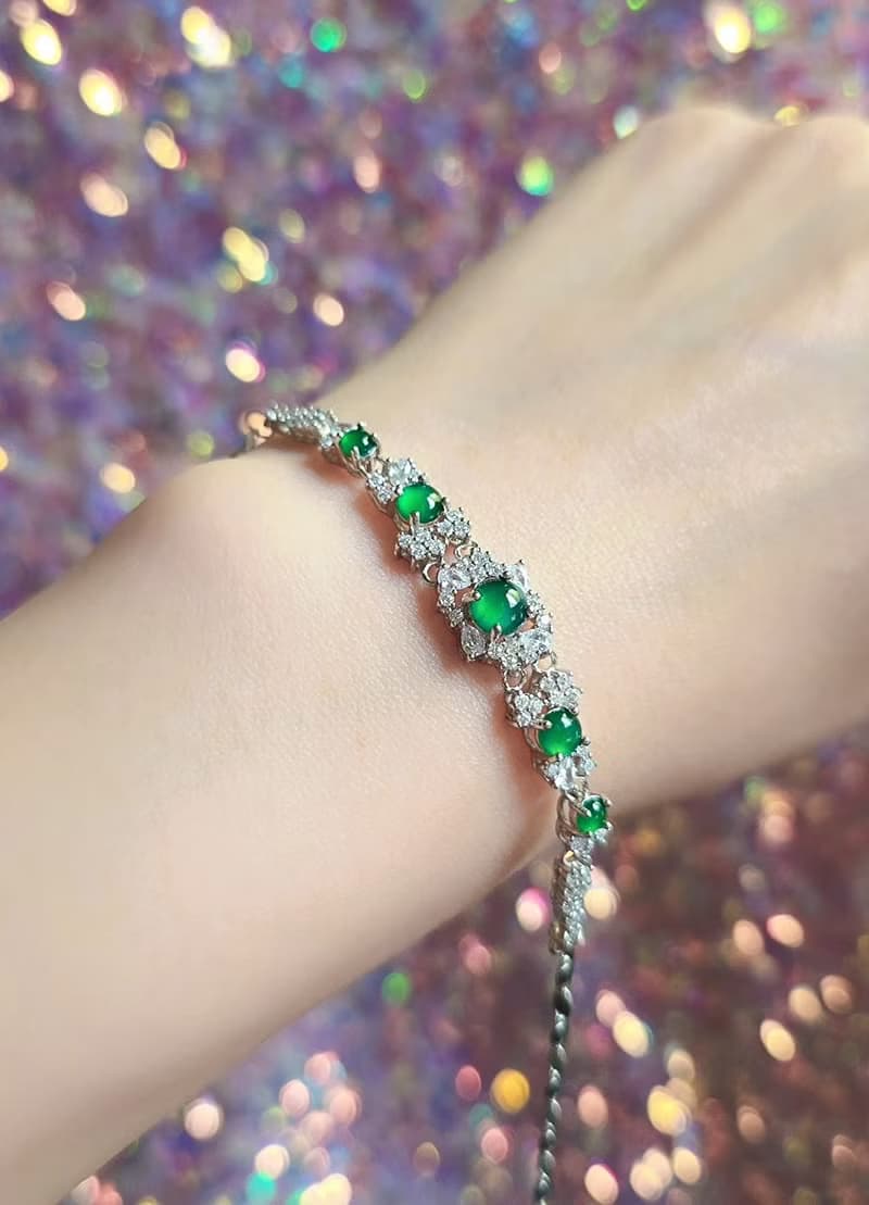 招財•健康|放光冰綠|A貨翡翠純銀日系豪鑲款多顆手鏈