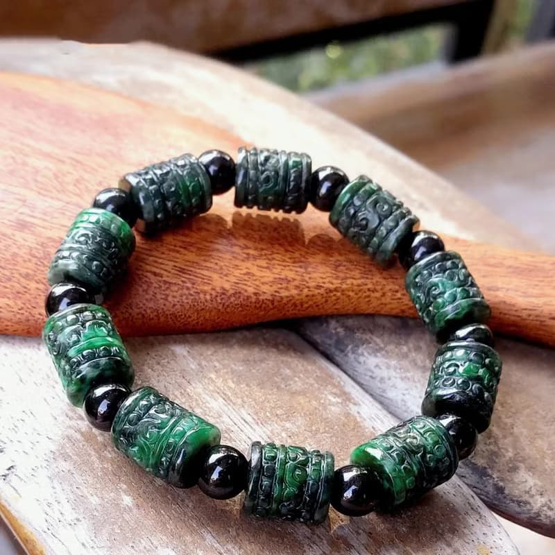Burmese Jade Bracelet Dark Geen with Black Jade Auspicious Clouds Carved 10.5 mm