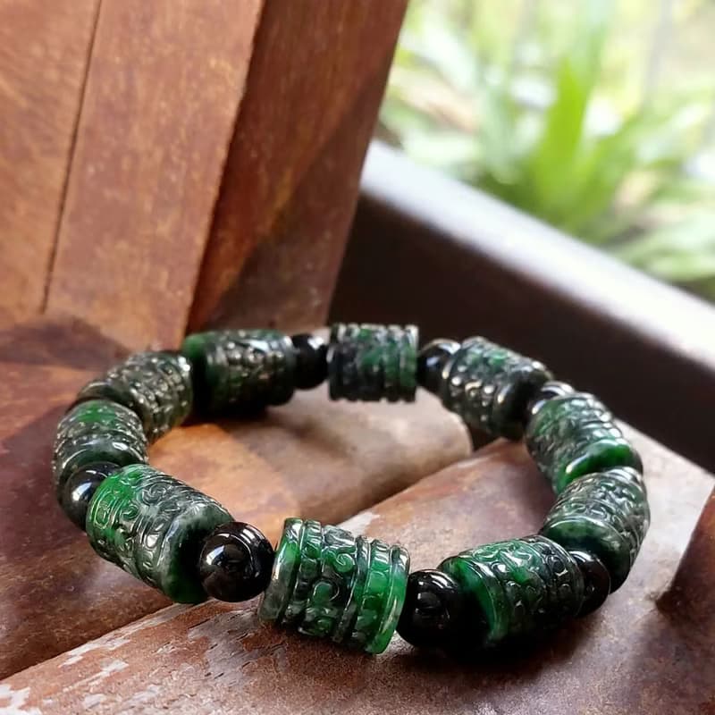Burmese Jade Bracelet Dark Geen with Black Jade Auspicious Clouds Carved 10.5 mm